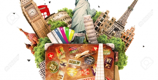 25375288-Voyage-tourisme-collage-avec-des-attractions-du-monde-et-de-la-valise-Banque-d'images